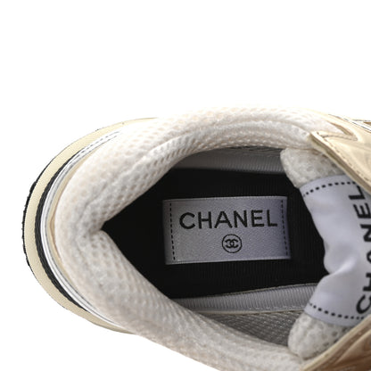 Chanel Fabric Laminated Calfskin Stretch CC Womens Sneakers 38.5 White Gold Silver 8 of 10