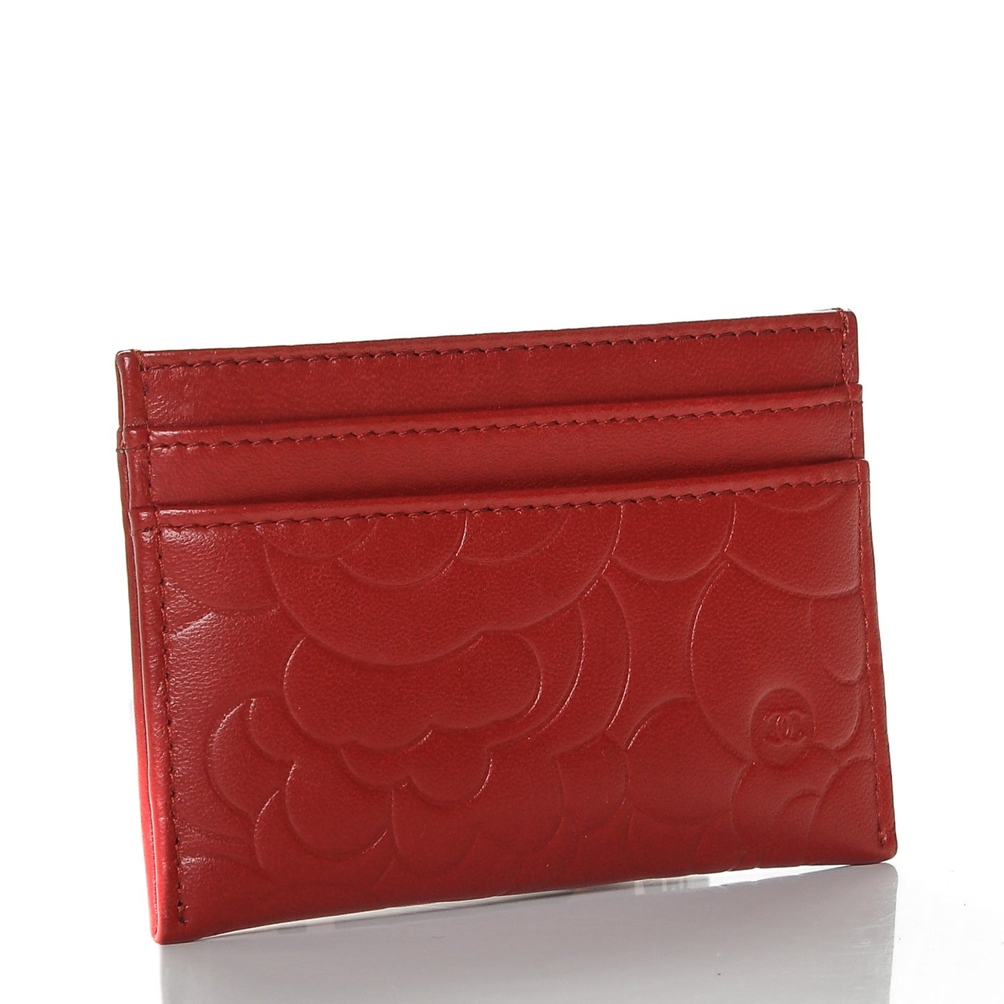 Lambskin Camellia Embossed Card Holder Red