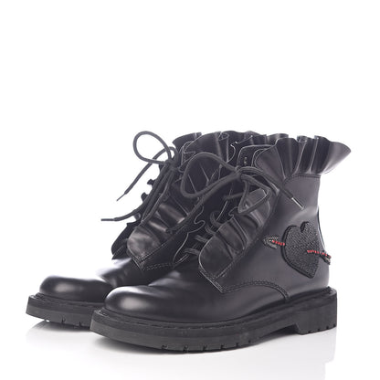 Valentino Garavani Calfskin Ruffle Heart Love Combat Boots 36 Black 3 of 8