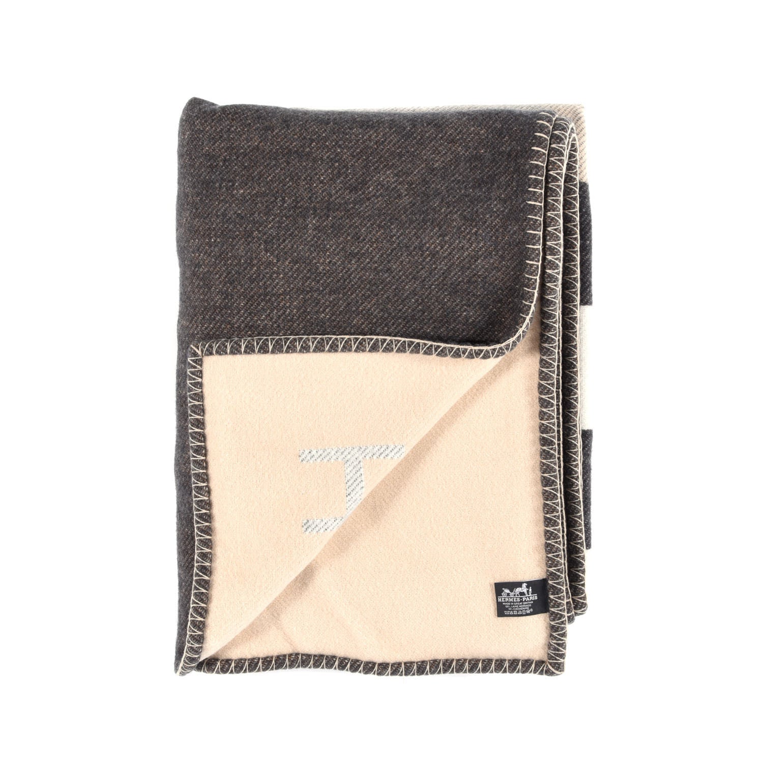 Hermes Wool Cashmere H Casaque Blanket Ecru Carbone 2 of 5
