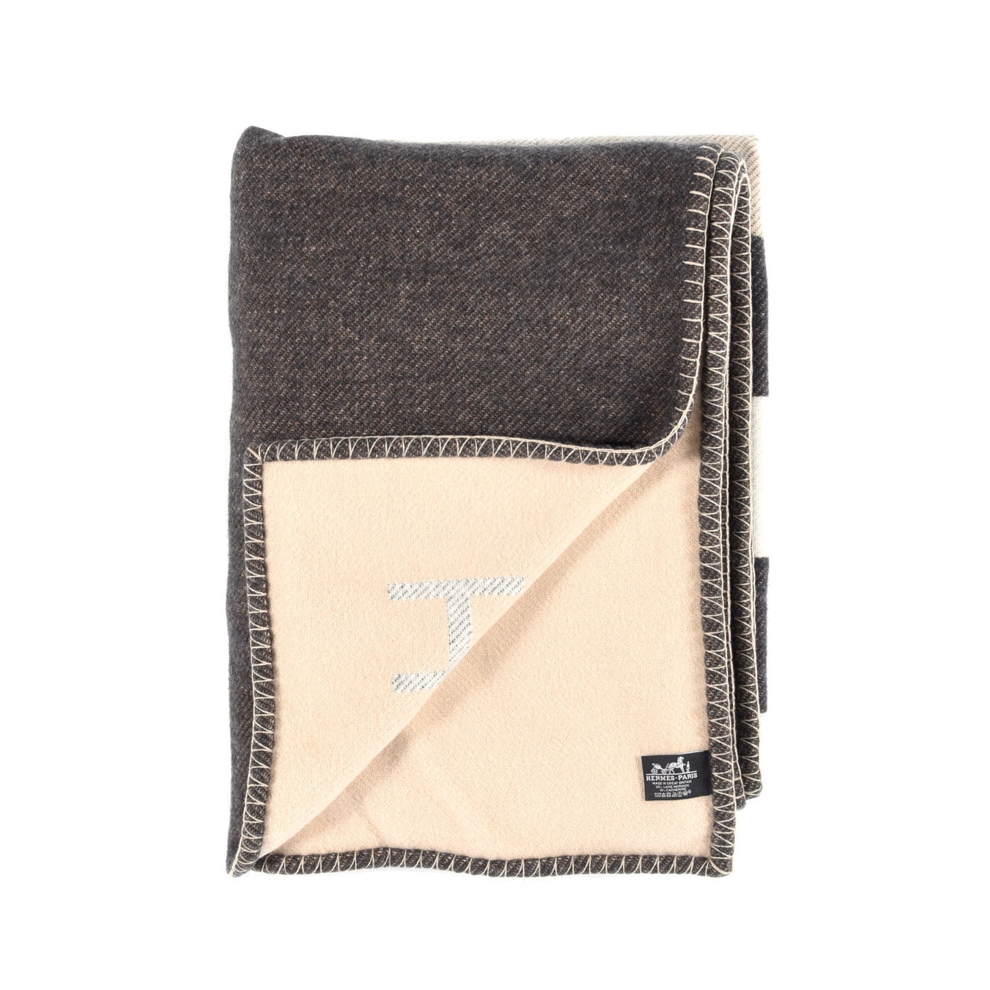 Wool Cashmere H Casaque Blanket Ecru Carbone