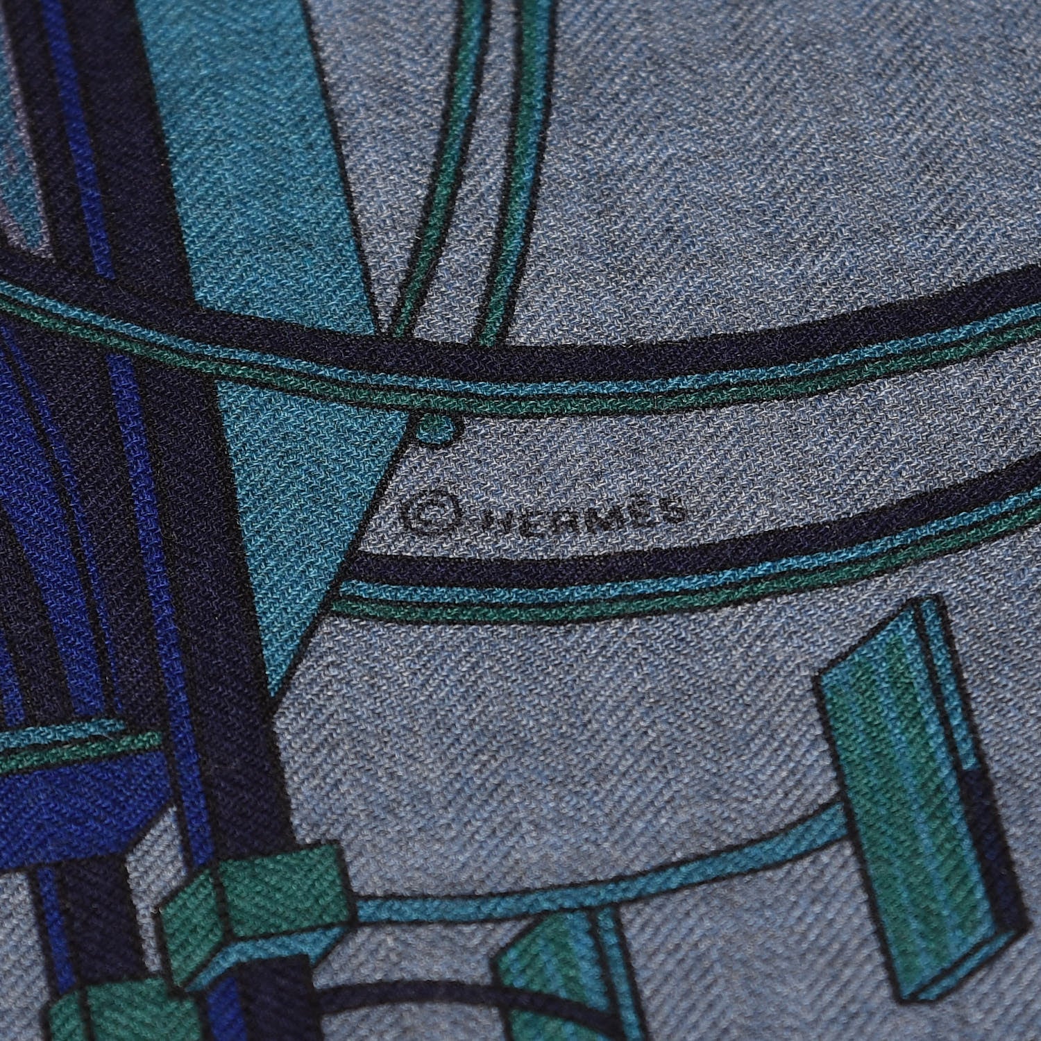 Hermes Cashmere Silk Les Voitures A Transformation Shawl 140 Bleu De Chine Kaki Marine 3 of 4
