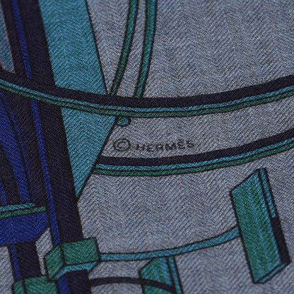 Hermes Cashmere Silk Les Voitures A Transformation Shawl 140 Bleu De Chine Kaki Marine 3 of 4