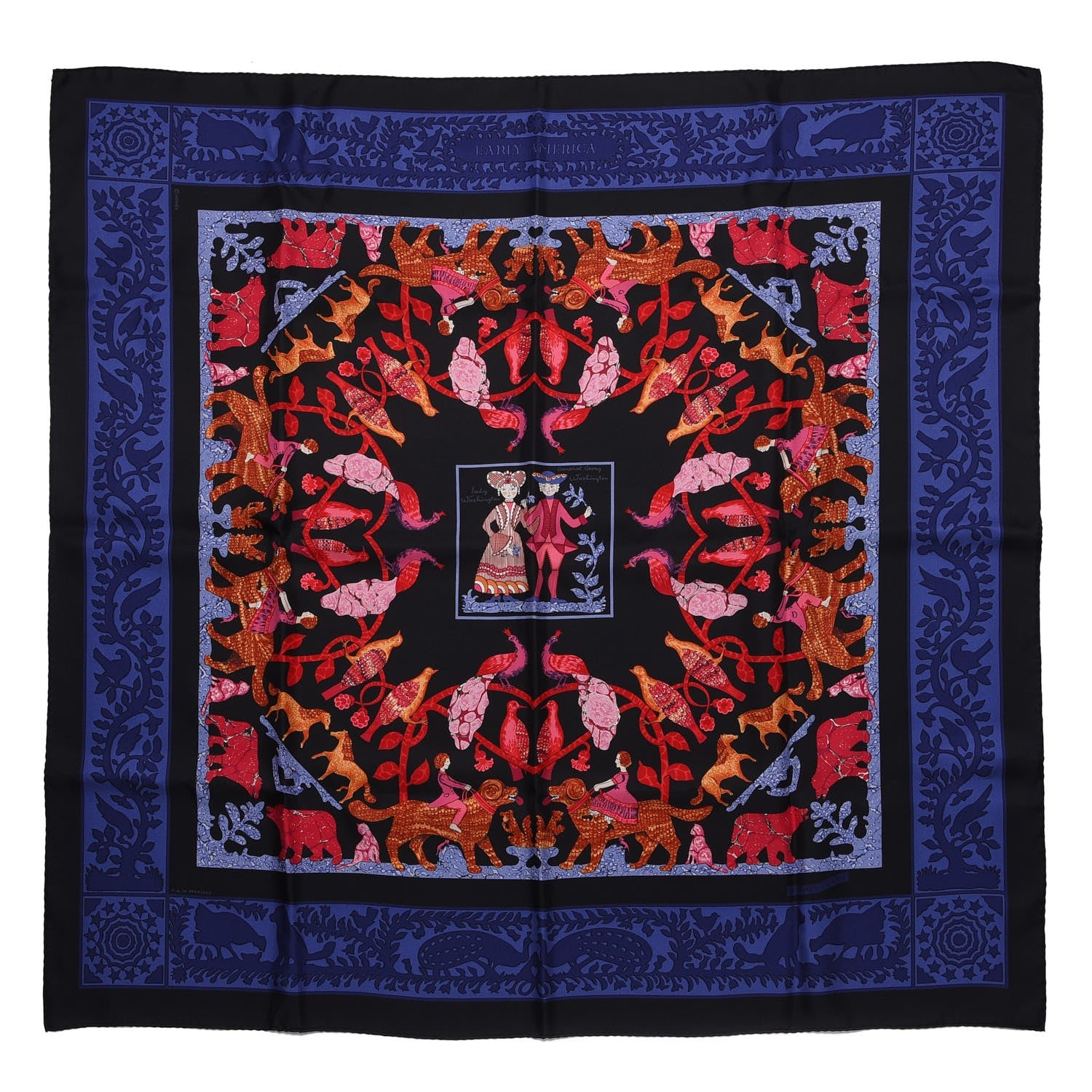 Hermes Silk Early America Scarf 90 Noir Bleu Nuit Rouge 1 of 13