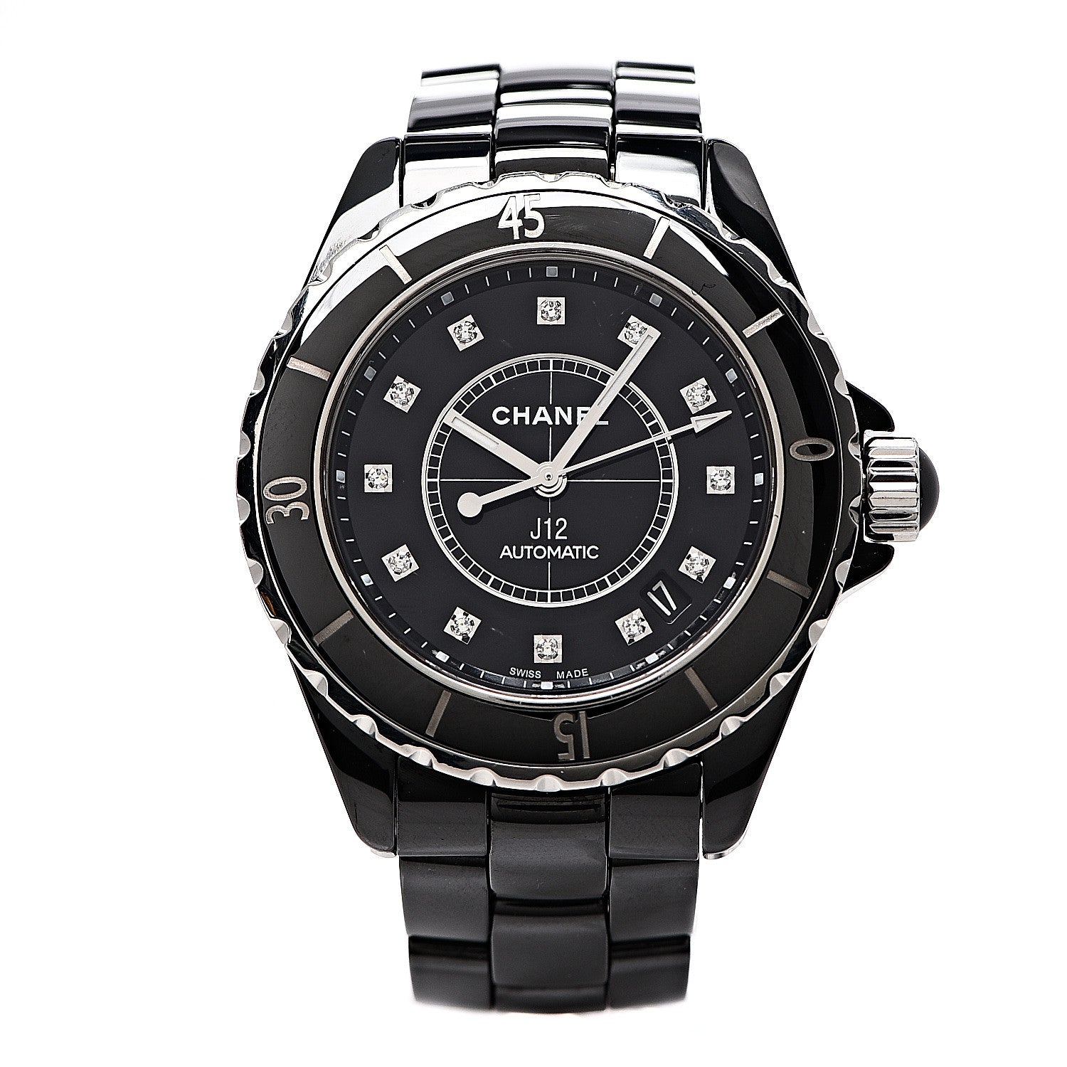 Chanel Stainless Steel Ceramic Diamond 38mm J12 Automatic Watch Black 1 of 6