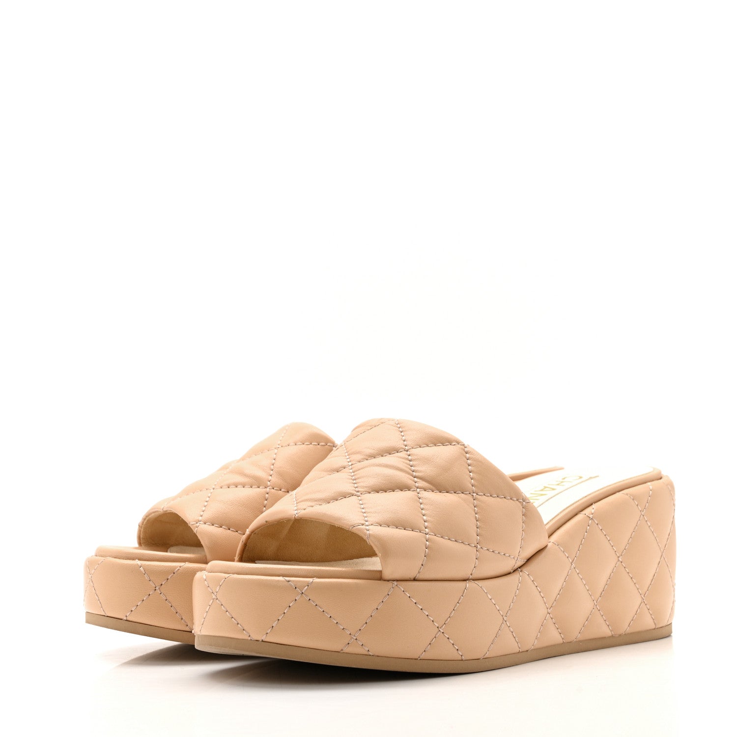 Chanel Lambskin Quilted Camelia CC Wedge Sandal Mules 38 Beige 4 of 15
