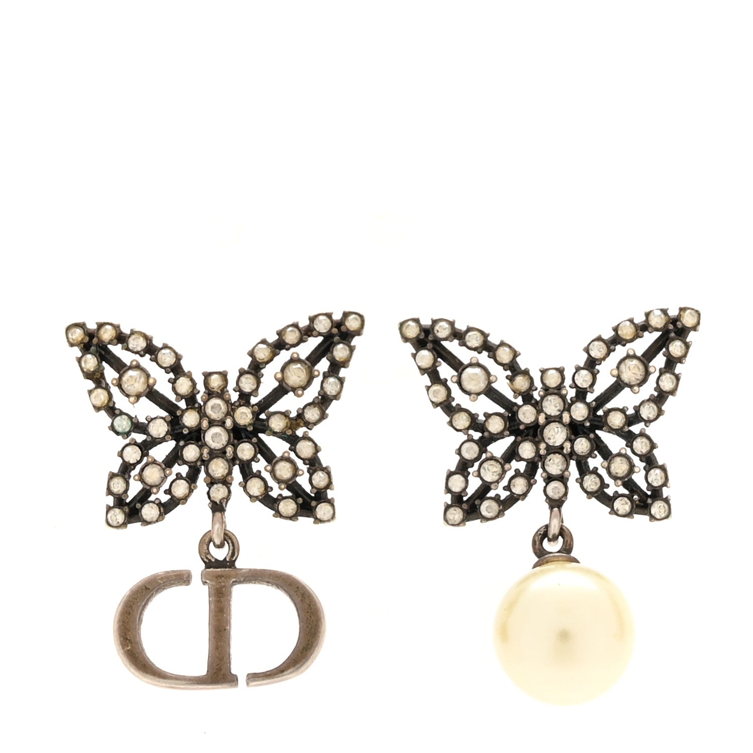 Christian Dior Metal Crystal Pearl CD Butterfly Drop Earrings Antique Gold 1 of 5