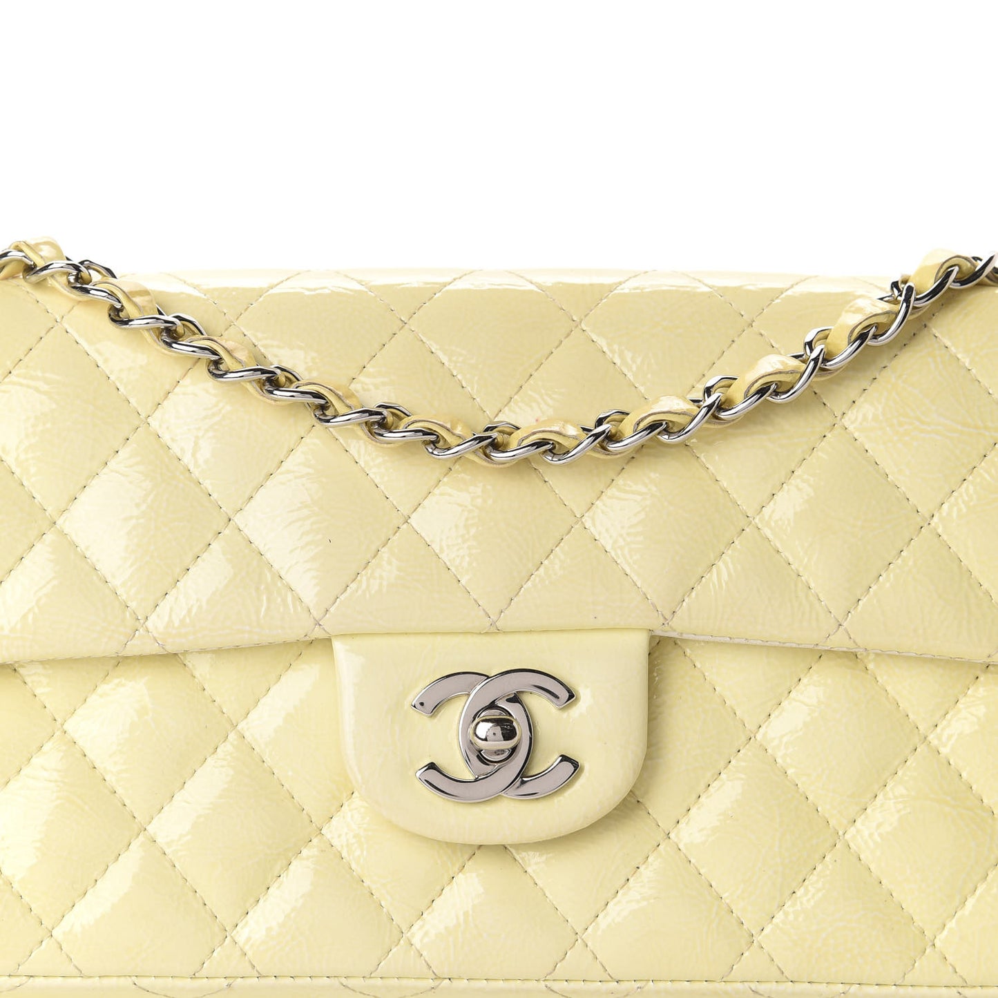 Distressed Patent Calfskin Quilted East West Flap Clutch Ivory