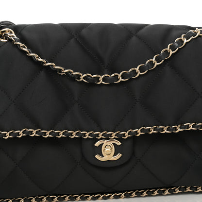 Chanel Satin Quilted Large Chain All Over Flap Bag Black Black 8 of 12