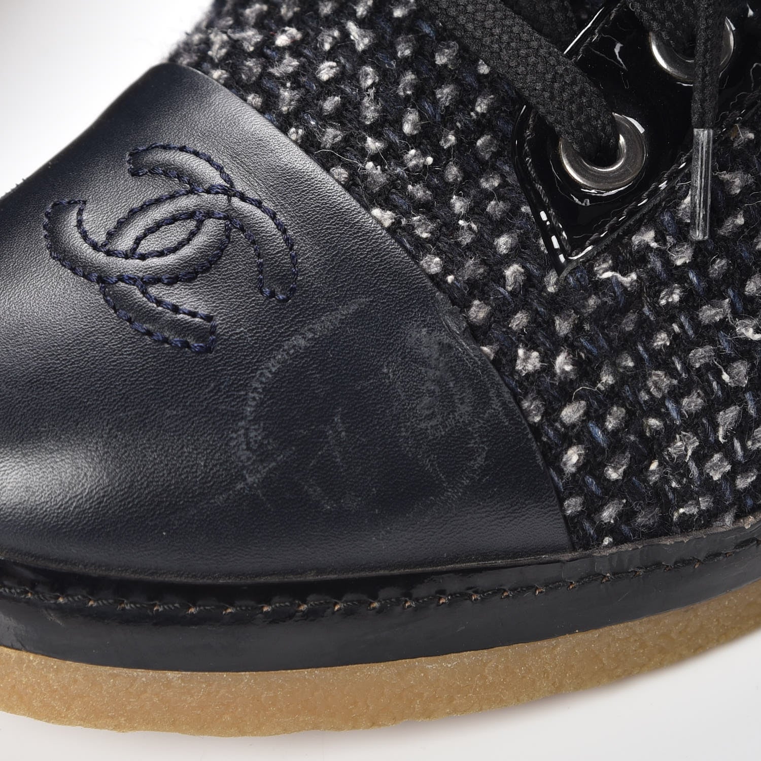 Chanel Tweed Calfskin Patent CC Lace Up Short Boots 41 Black Grey Dark Navy 10 of 17