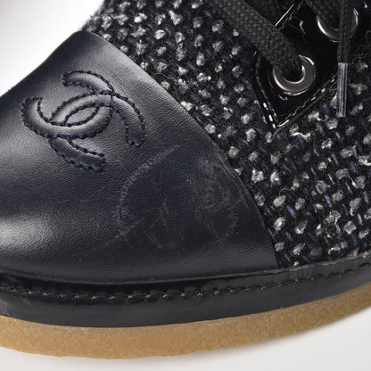 Chanel Tweed Calfskin Patent CC Lace Up Short Boots 41 Black Grey Dark Navy 10 of 17