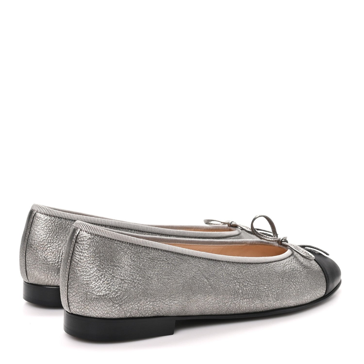 Chanel Metallic Laminated Lambskin Calfskin CC Cap Toe Ballerina Flats 37.5 Argen Black 5 of 10