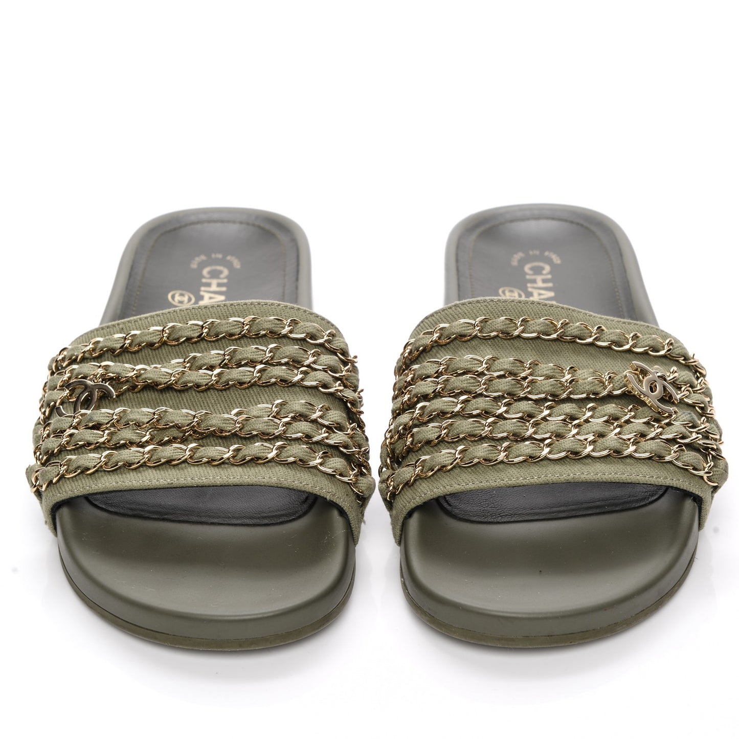 Canvas Chain Flat Sandals 38 Khaki