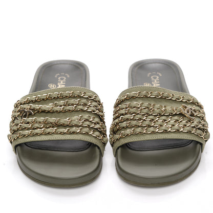 Chanel Canvas Chain Flat Sandals 38 Khaki 2 of 8