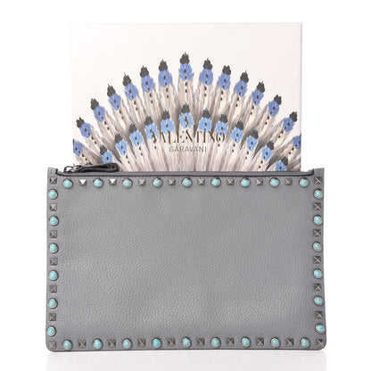 Valentino Garavani Grained Calfskin Turquoise Large Rockstud Rolling Zip Pouch Light Stone 9 of 9