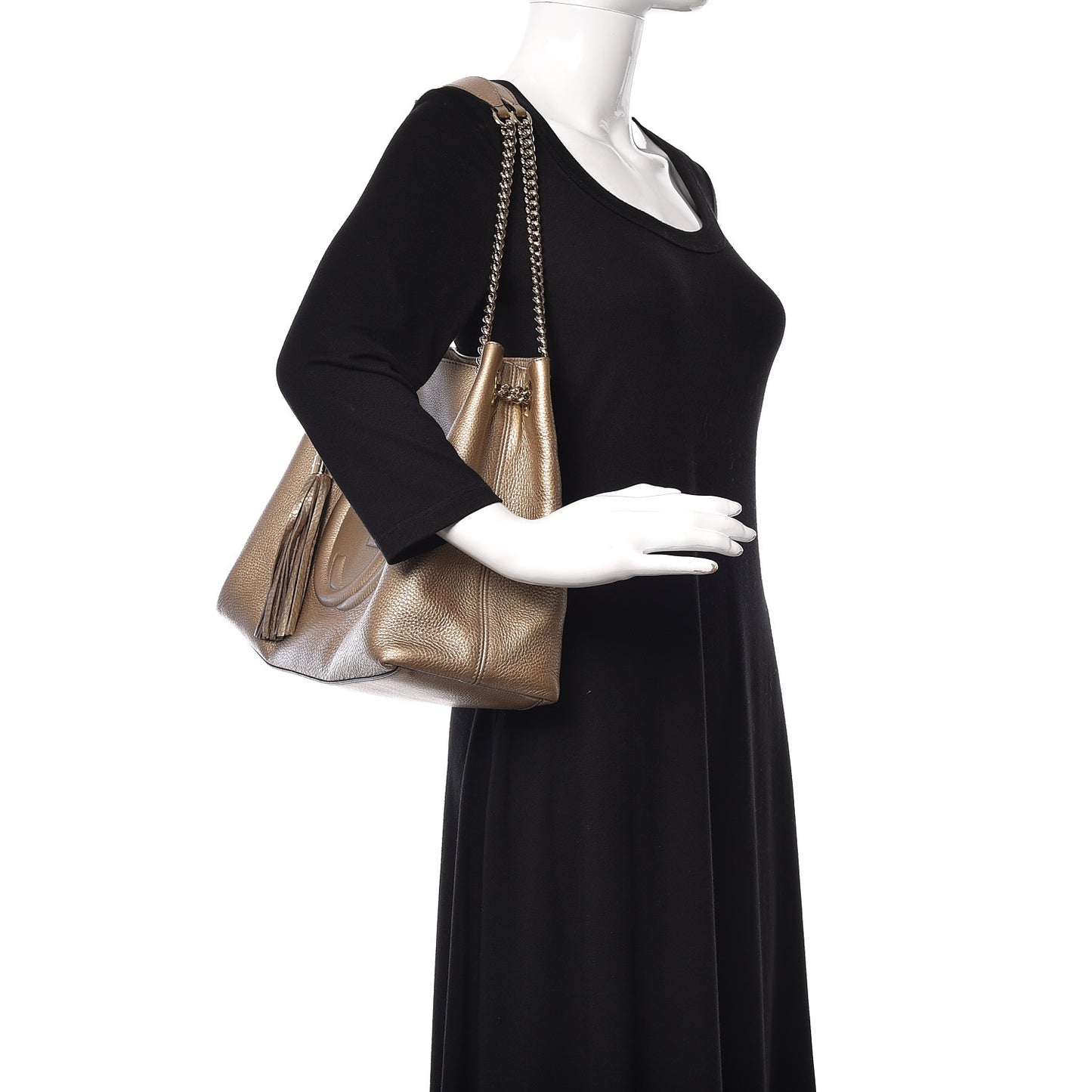 Metallic Pebbled Calfskin Medium Soho Chain Shoulder Bag Golden Beige