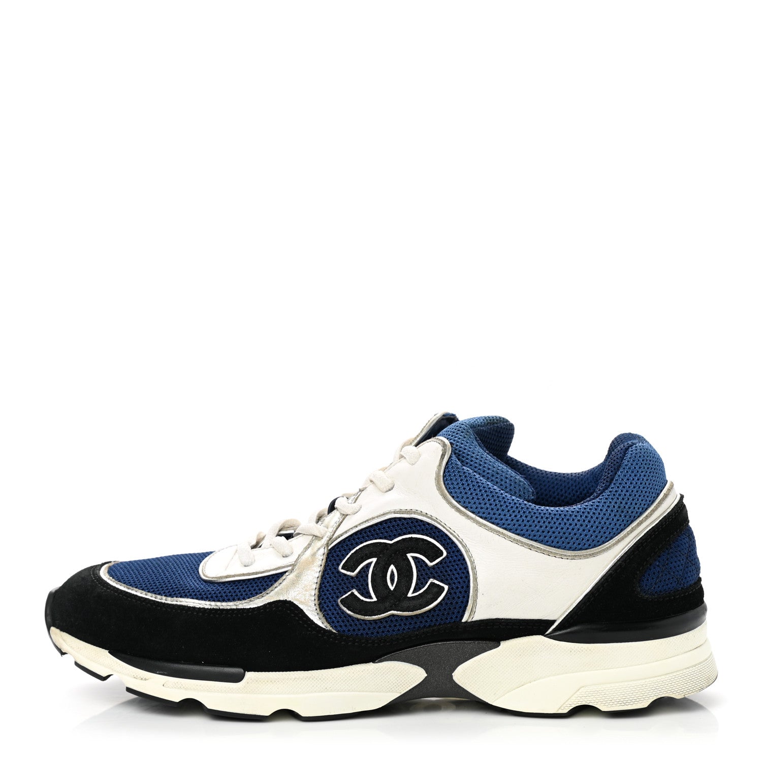 Chanel Mesh Suede Calfskin Womens CC Sneakers 39 Dark Blue Black White 1 of 12