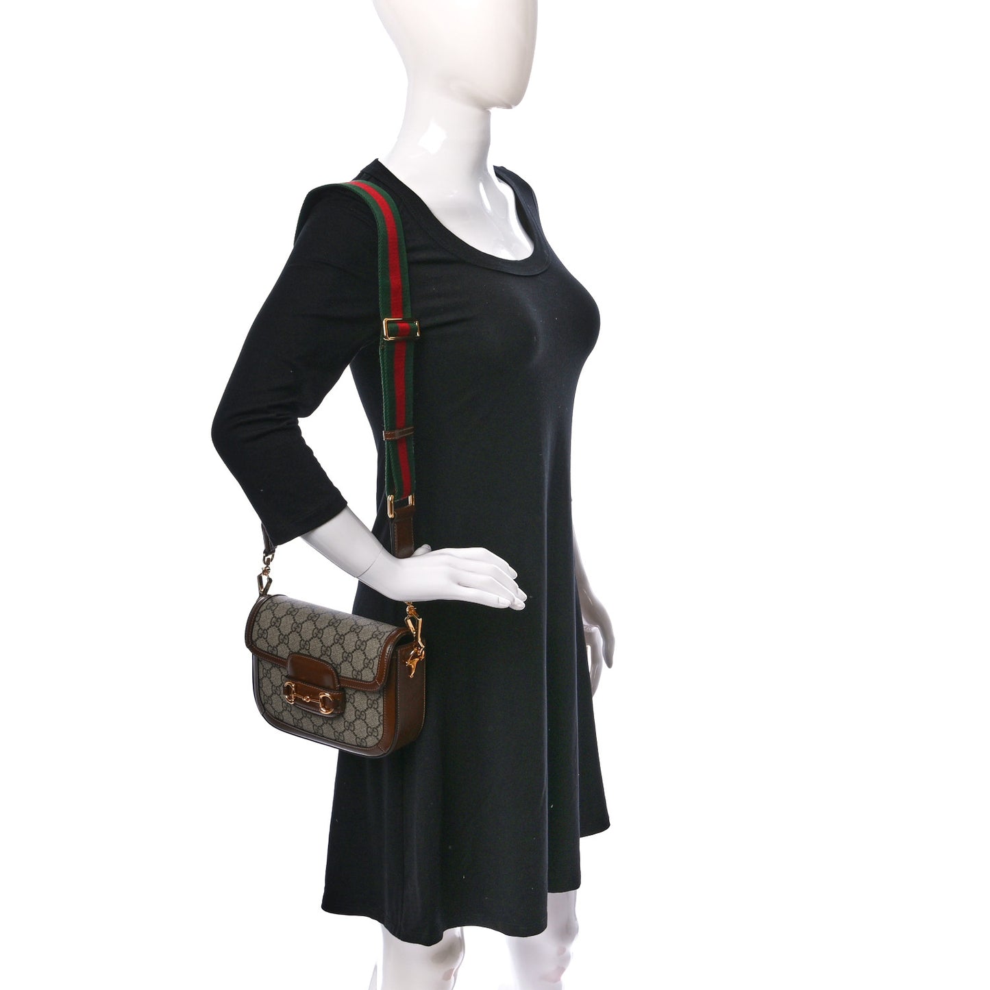 GG Supreme Monogram Azalea Calfskin Web Mini Horsebit 1955 Shoulder Bag Beige Ebony Brown Sugar