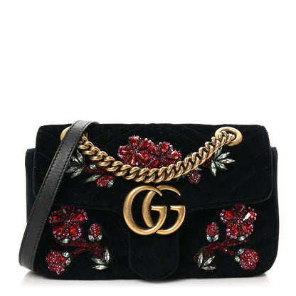Gucci Velvet Matelasse Embroidered Mini GG Marmont Shoulder Bag Black 1 of 10