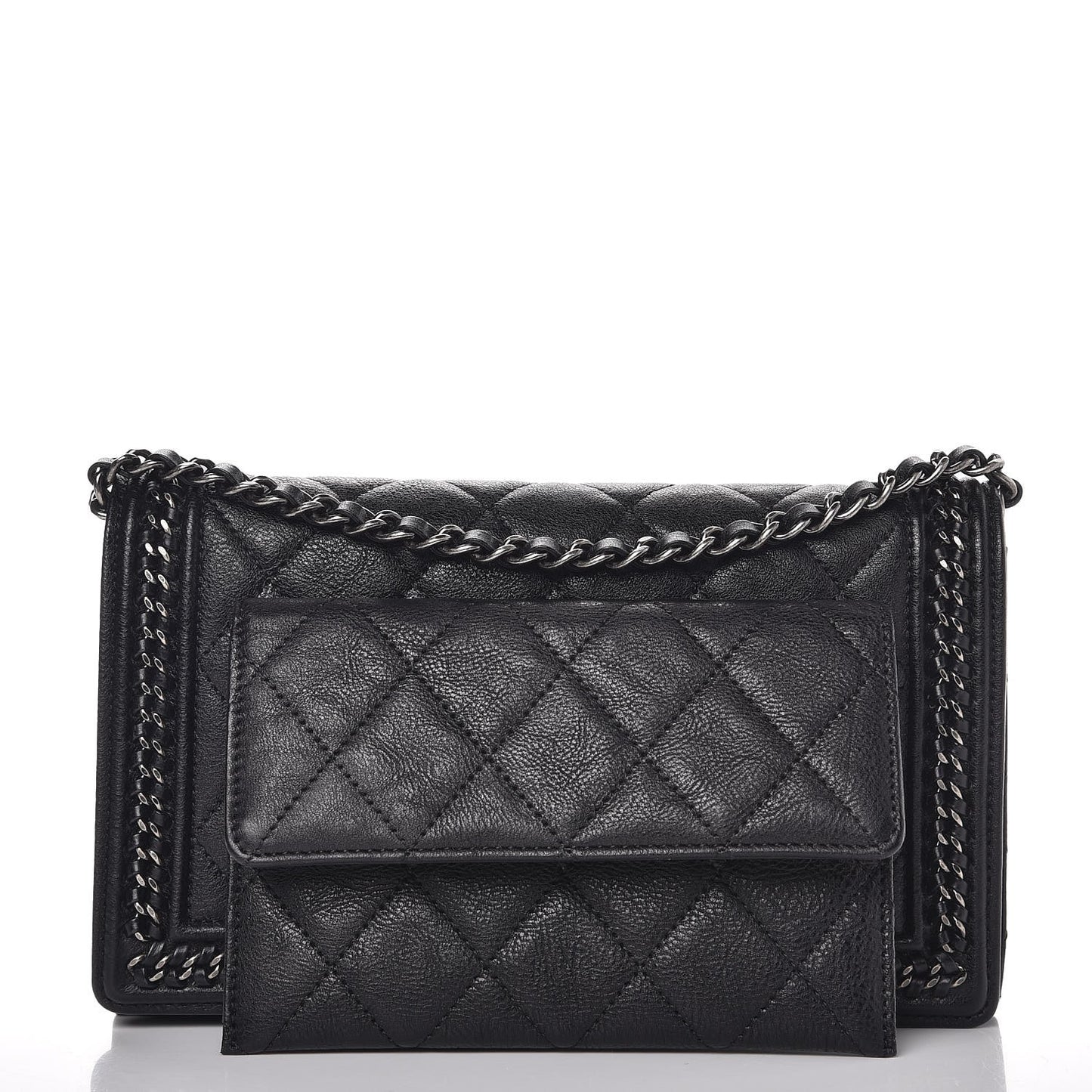Calfskin Quilted Chain Around Boy Wallet On Removable Chain WOC Black