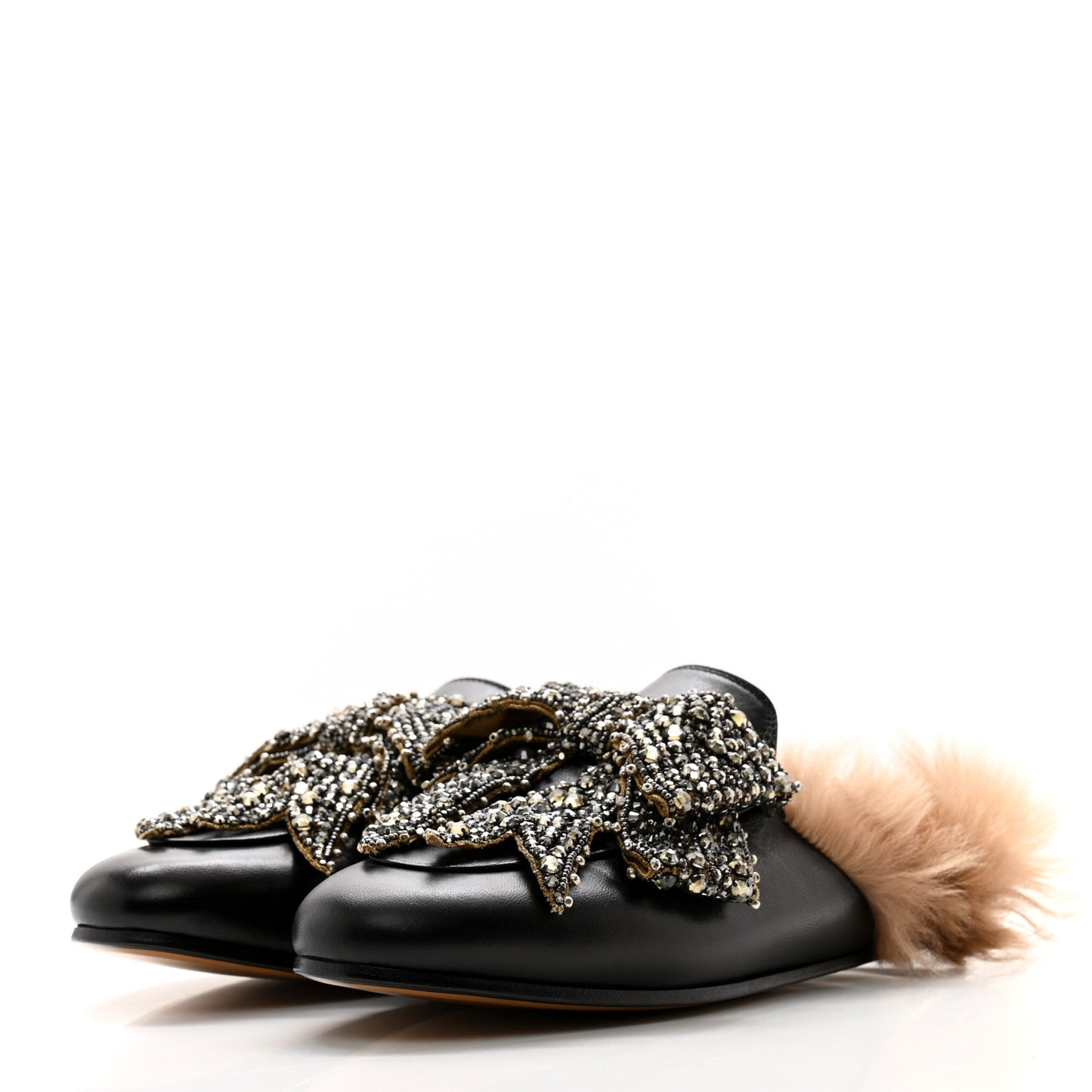 Malaga Kid Fur Crystal Bow Embroidered Womens Princetown Slippers 37.5 Black