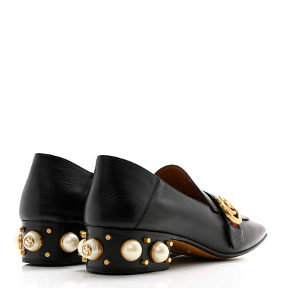 Gucci Betis Glamour Calfskin Web Pearl Embellished Peyton 35mm Loafer Pumps 36 Black 4 of 15