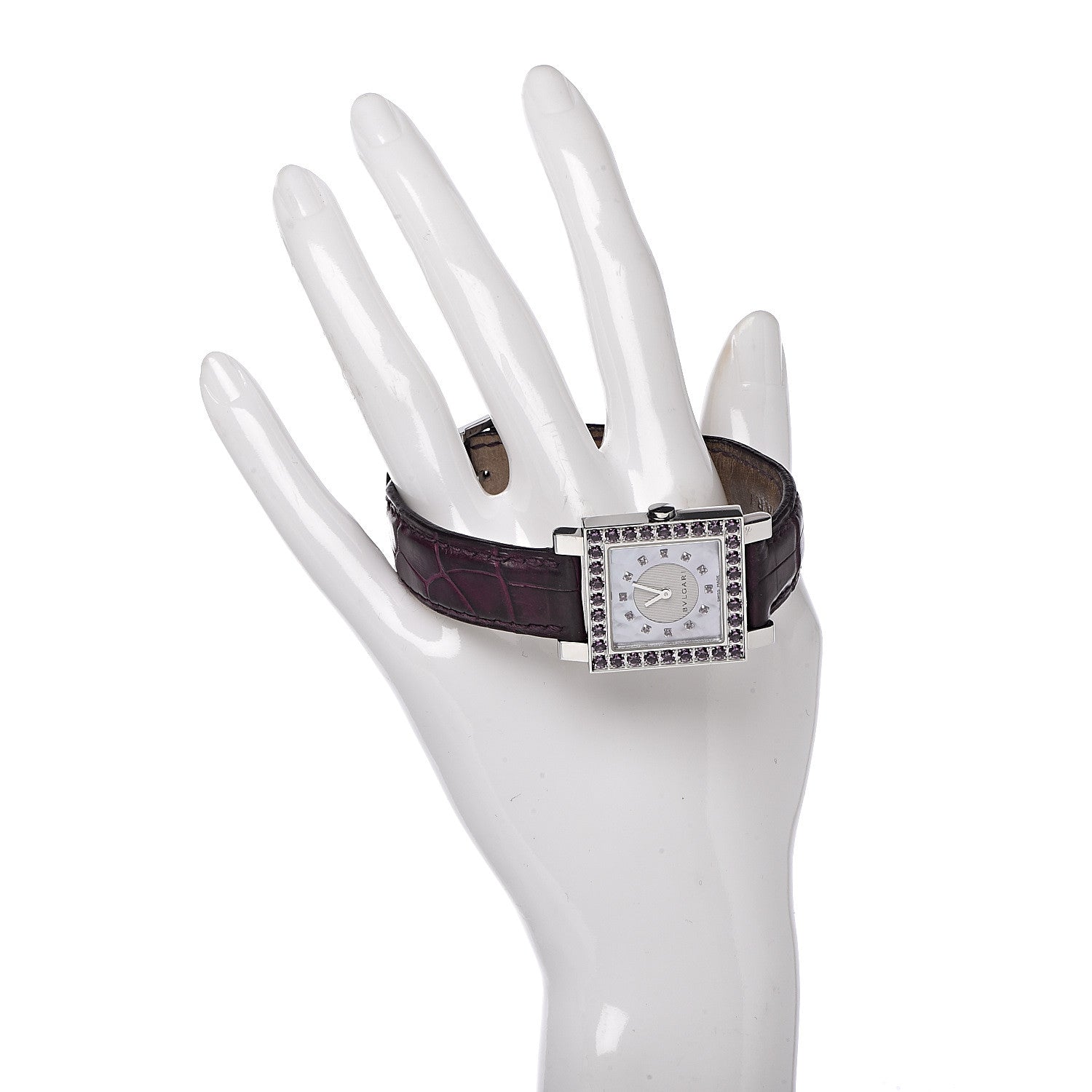 Bulgari Stainless Steel Alligator Garnet Mother of Pearl 26mm Quadrato Quartz Watch 2 of 10