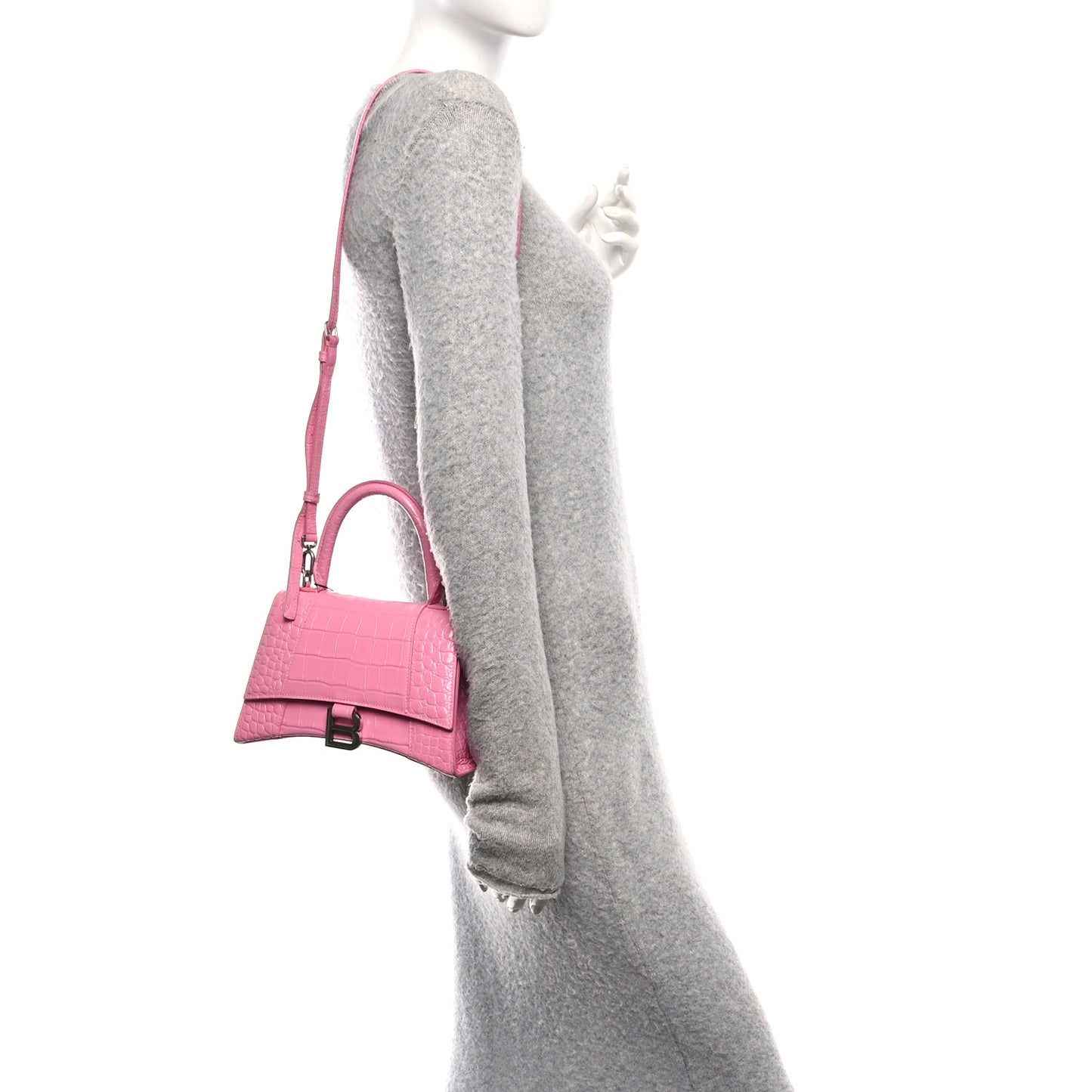 Shiny Calfskin Crocodile Embossed Small Hourglass Top Handle Bag Candy Pink