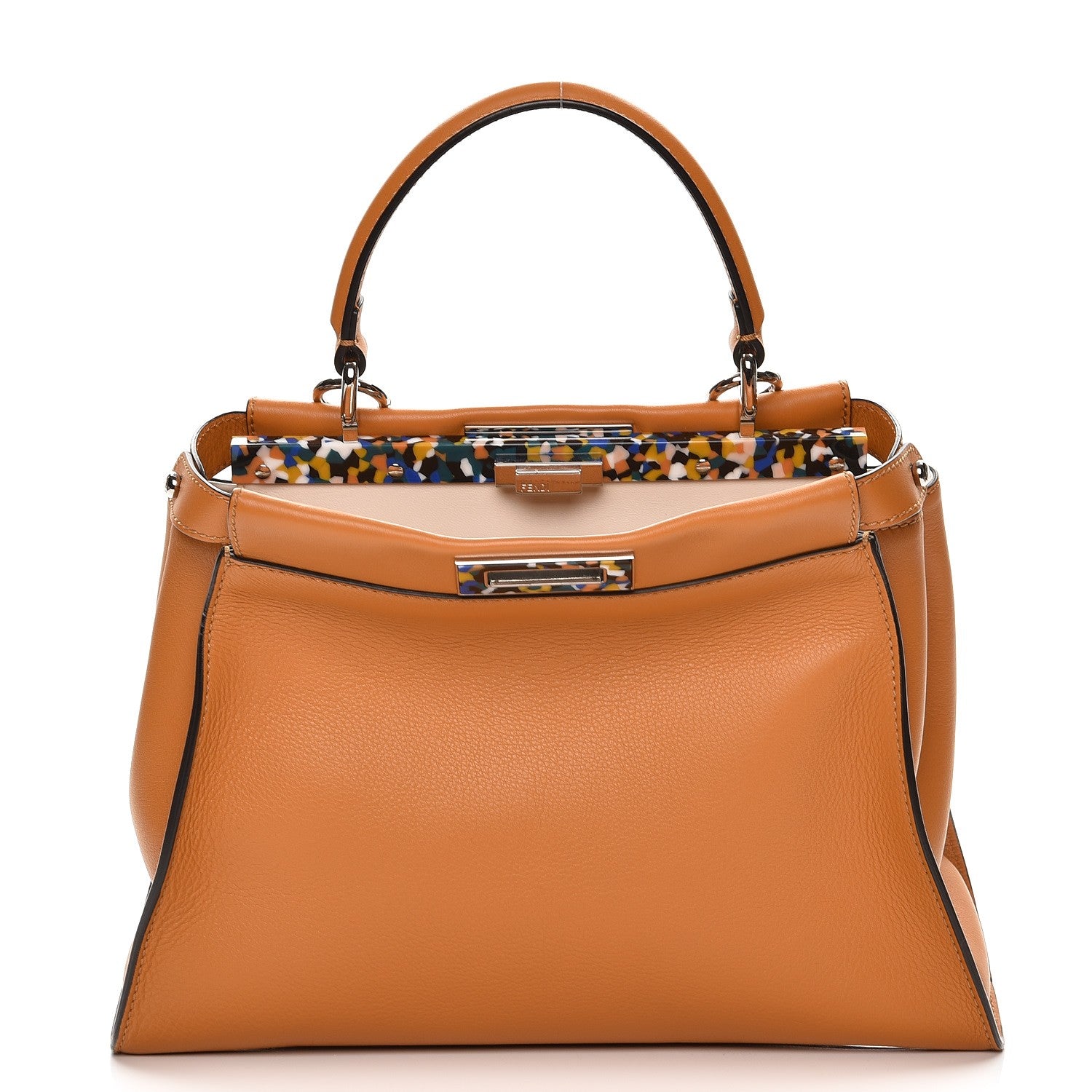 Fendi Vitello Seta Shiny Nappa Plexiglass Granite Medium Peekaboo Iconic Satchel Ginger Latte 1 of 8