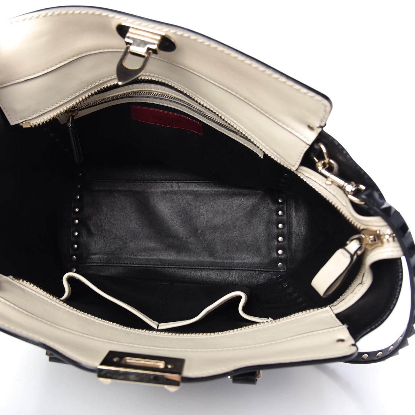 Vitello Bi-Color Rockstud Double Handle Tote Ivory Black