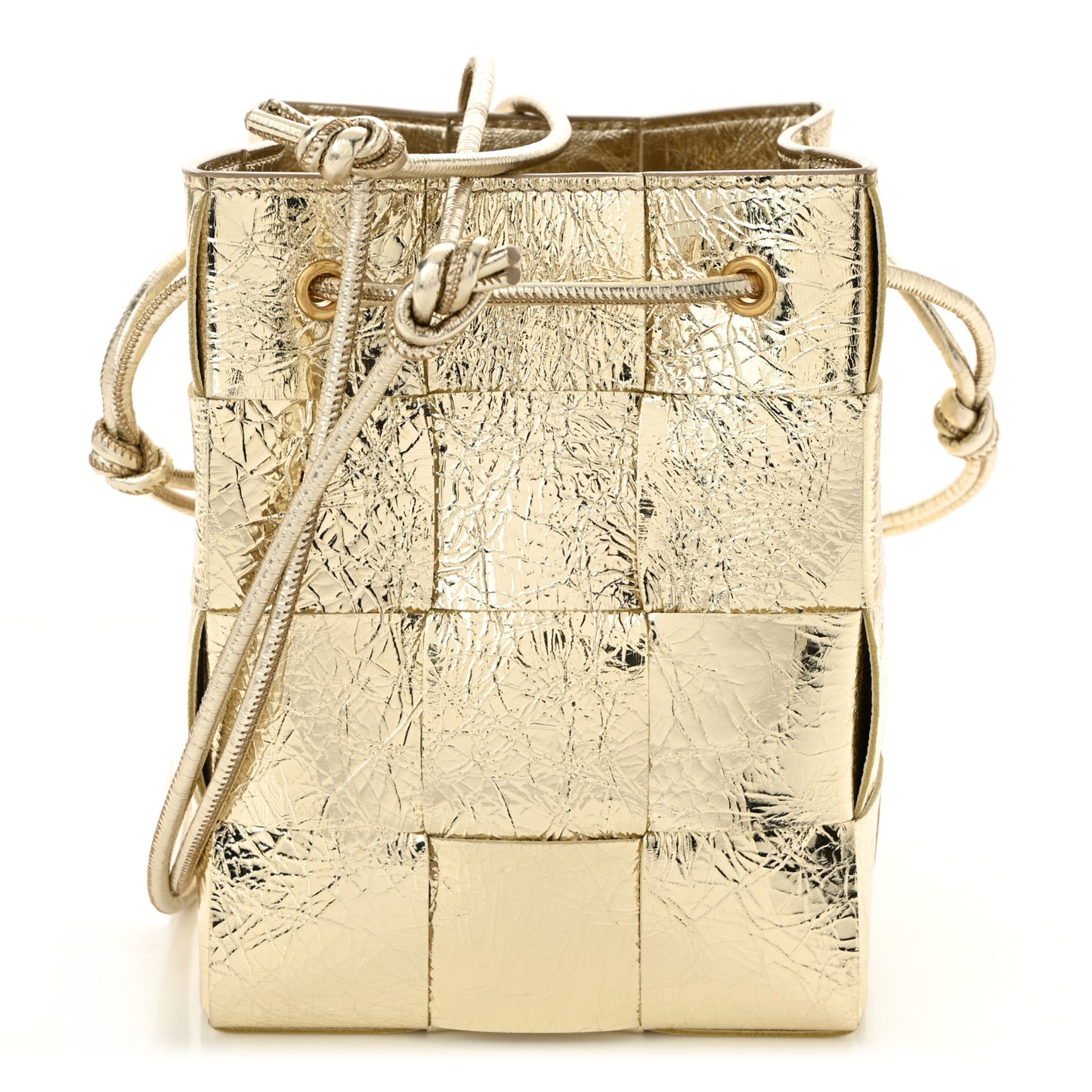 Metallic Crushed Nappa Maxi Intrecciato Small Cassette Bucket Bag Gold