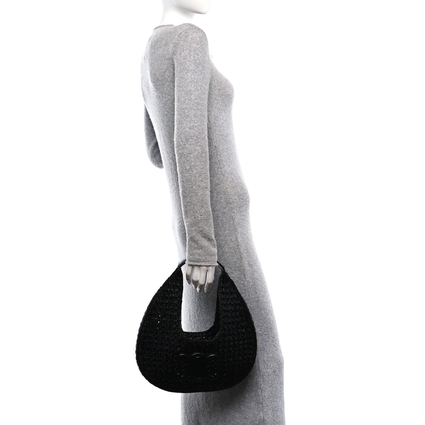 Raffia Calfskin Triomphe Panier Hobo Bag Black