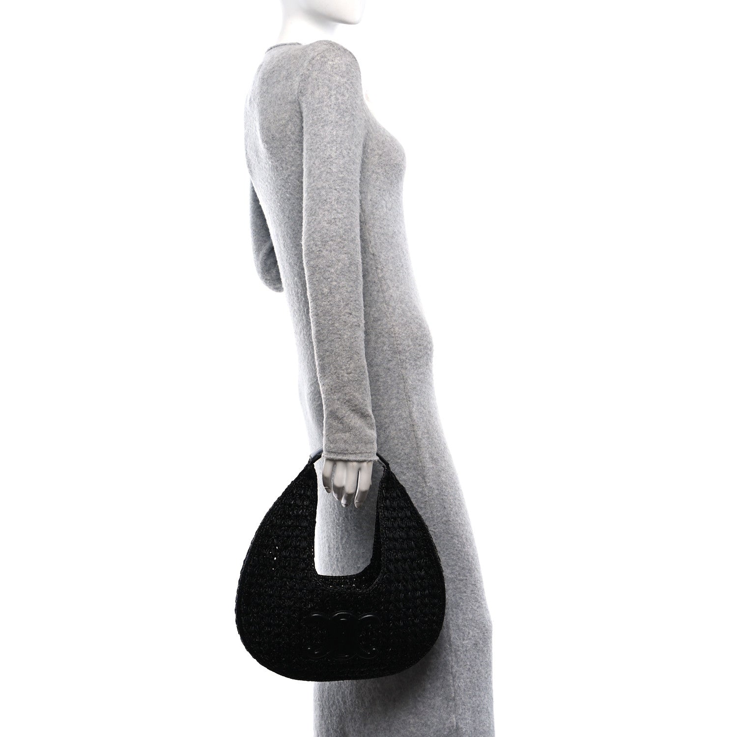 Celine Raffia Calfskin Triomphe Panier Hobo Bag Black 2 of 10