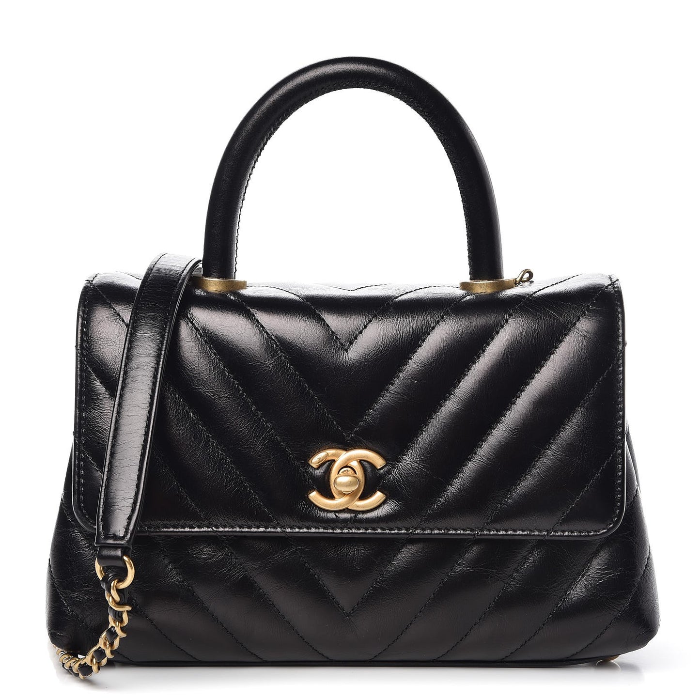 Calfskin Chevron Quilted Mini Coco Handle Flap Black