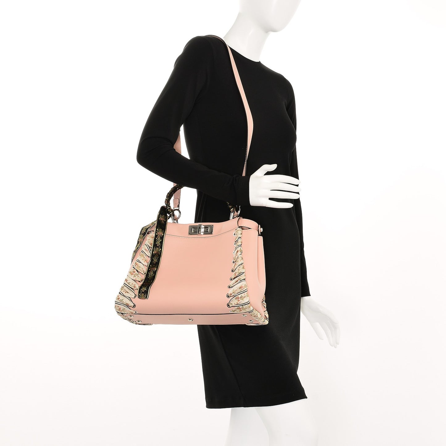 Vitello Seta Shiny Nappa Ribbon Lace Up Floral Medium Peekaboo Iconic Satchel Baby Pink Multicolor