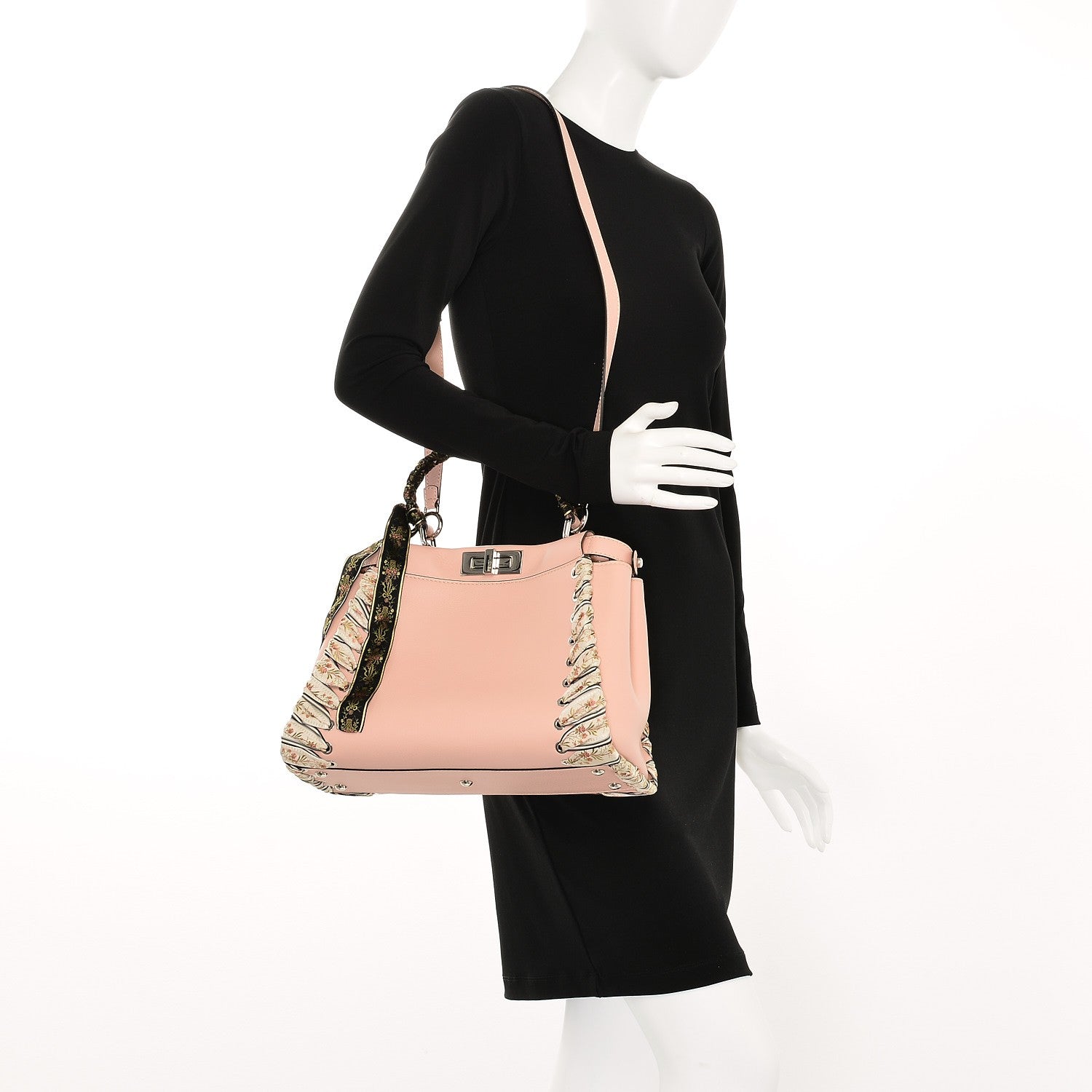 Fendi Vitello Seta Shiny Nappa Ribbon Lace Up Floral Medium Peekaboo Iconic Satchel Baby Pink Multicolor 2 of 7