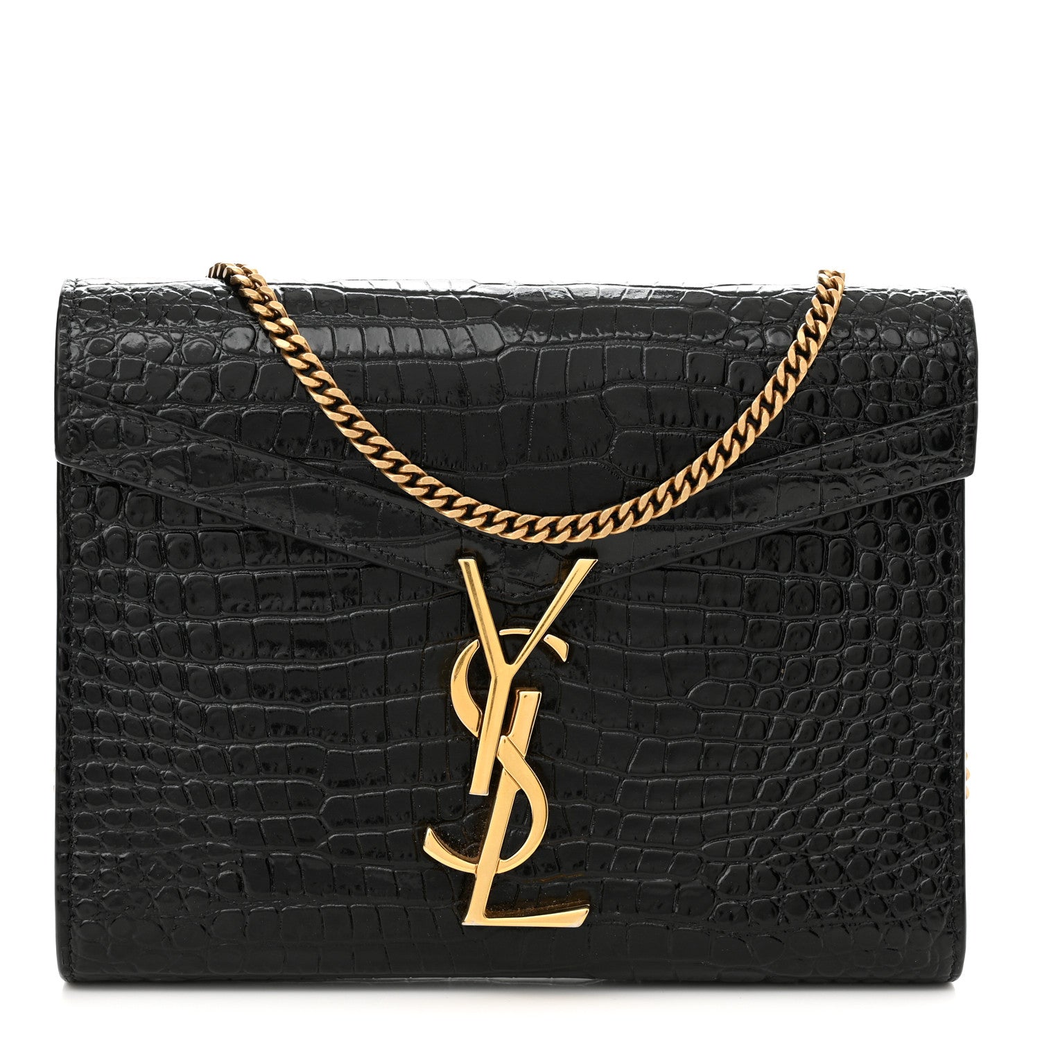 Saint Laurent Calfskin Crocodile Embossed Monogram Cassandra Chain Wallet Black 2 of 11