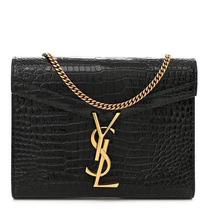 Saint Laurent Calfskin Crocodile Embossed Monogram Cassandra Chain Wallet Black 2 of 11