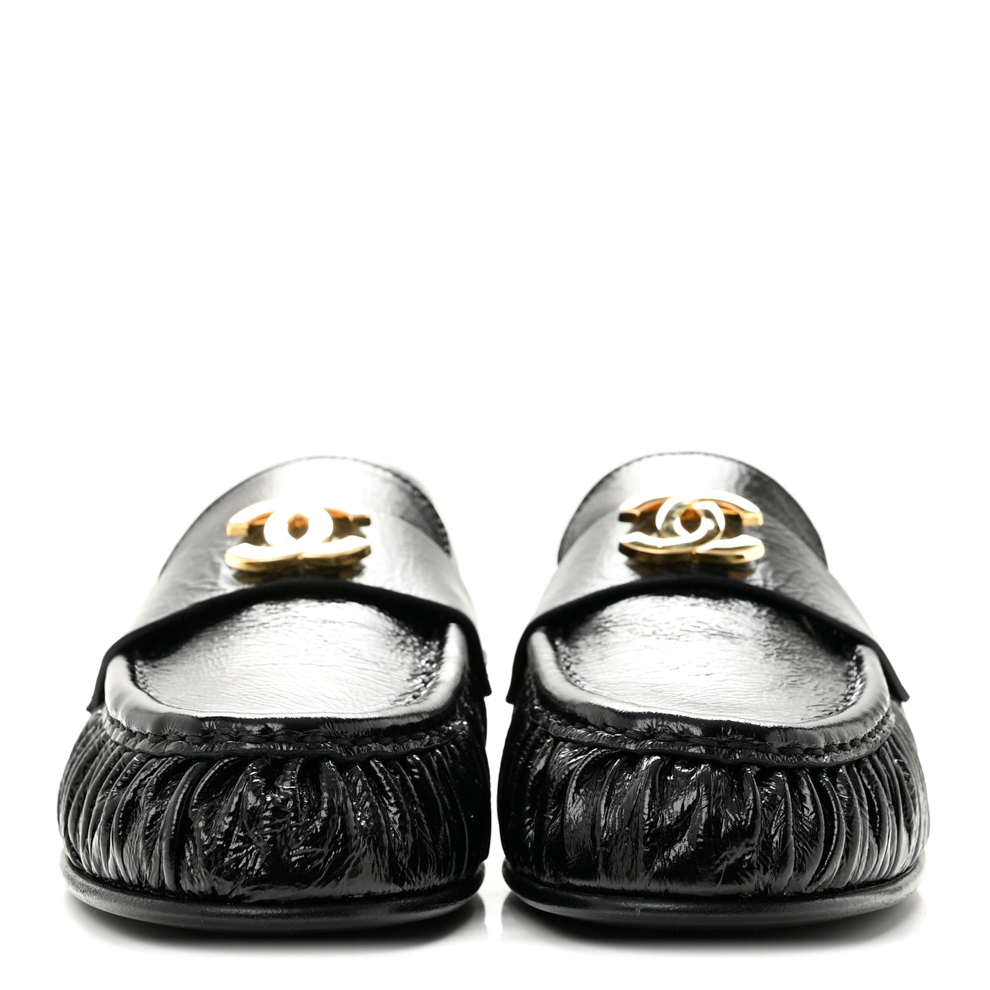 Crumpled Shiny Lambskin CC Mocassin Loafers 38.5 Black