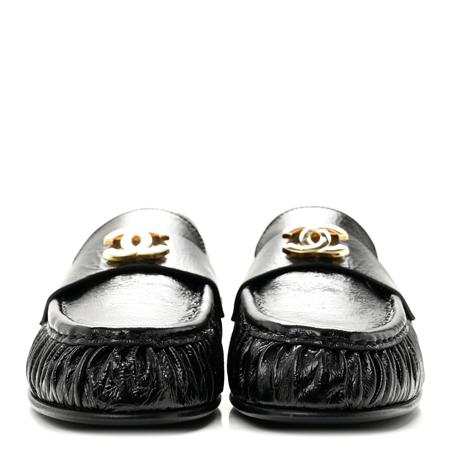 Chanel Crumpled Shiny Lambskin CC Mocassin Loafers 38.5 Black 3 of 10