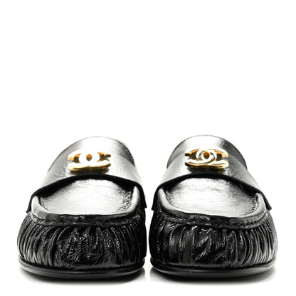 Chanel Crumpled Shiny Lambskin CC Mocassin Loafers 38.5 Black 3 of 10