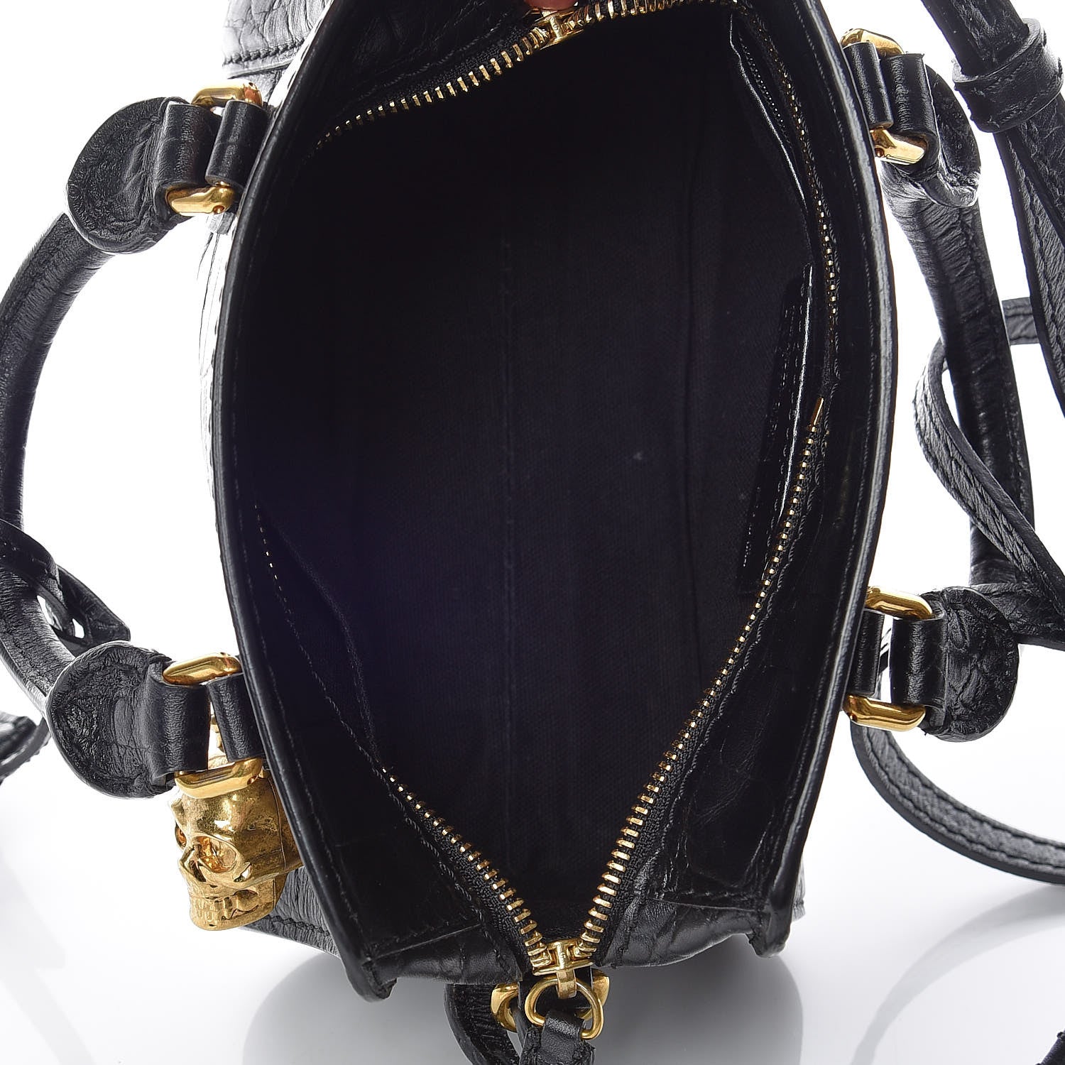 Alexander McQueen Calfskin Crocodile Embossed Mini Skull Padlock Zip Around Tote Black 5 of 13