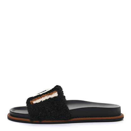 Fendi Shearling Logo Slide Sandals 37 Black Latte Brownie 1 of 8