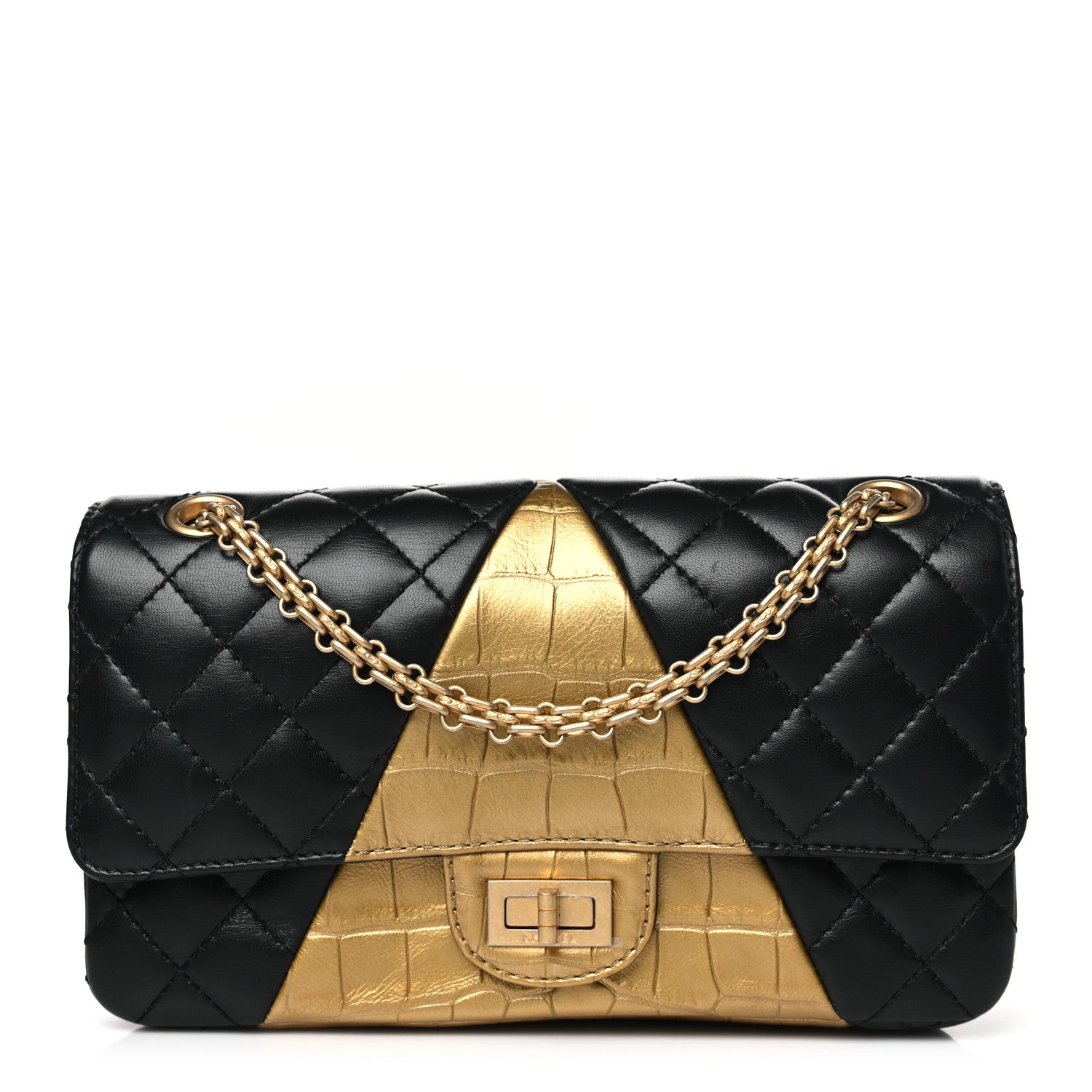 Chanel Lambskin Metallic Calfskin Crocodile Embossed 2.55 Cocodile Reissue 225 Flap Black Gold Black Gold 1 of 10