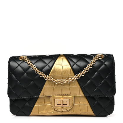 Chanel Lambskin Metallic Calfskin Crocodile Embossed 2.55 Cocodile Reissue 225 Flap Black Gold Black Gold 1 of 10