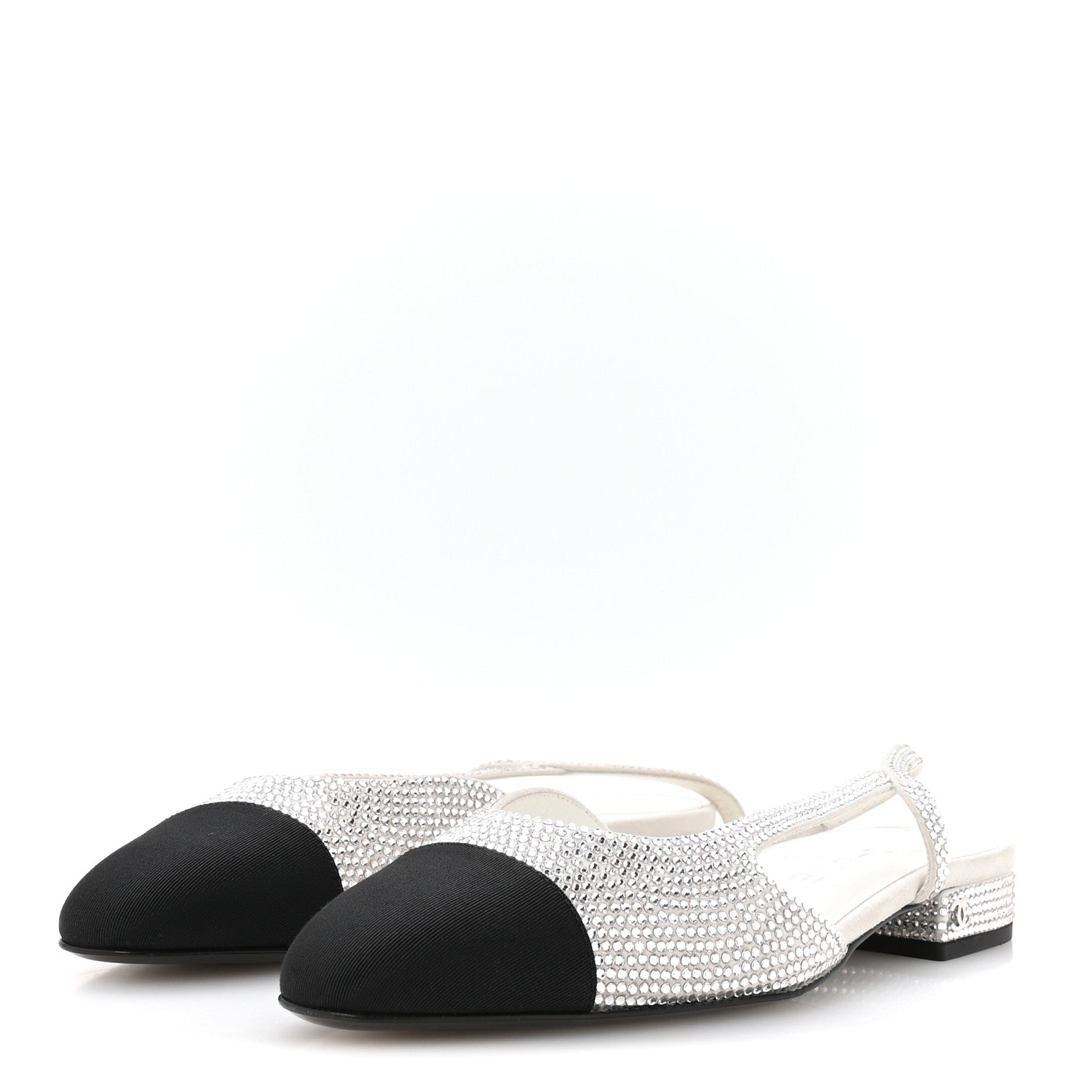 Chanel Strass Grosgrain Cap Toe CC Slingback Flats 36.5 Silver Black 4 of 8