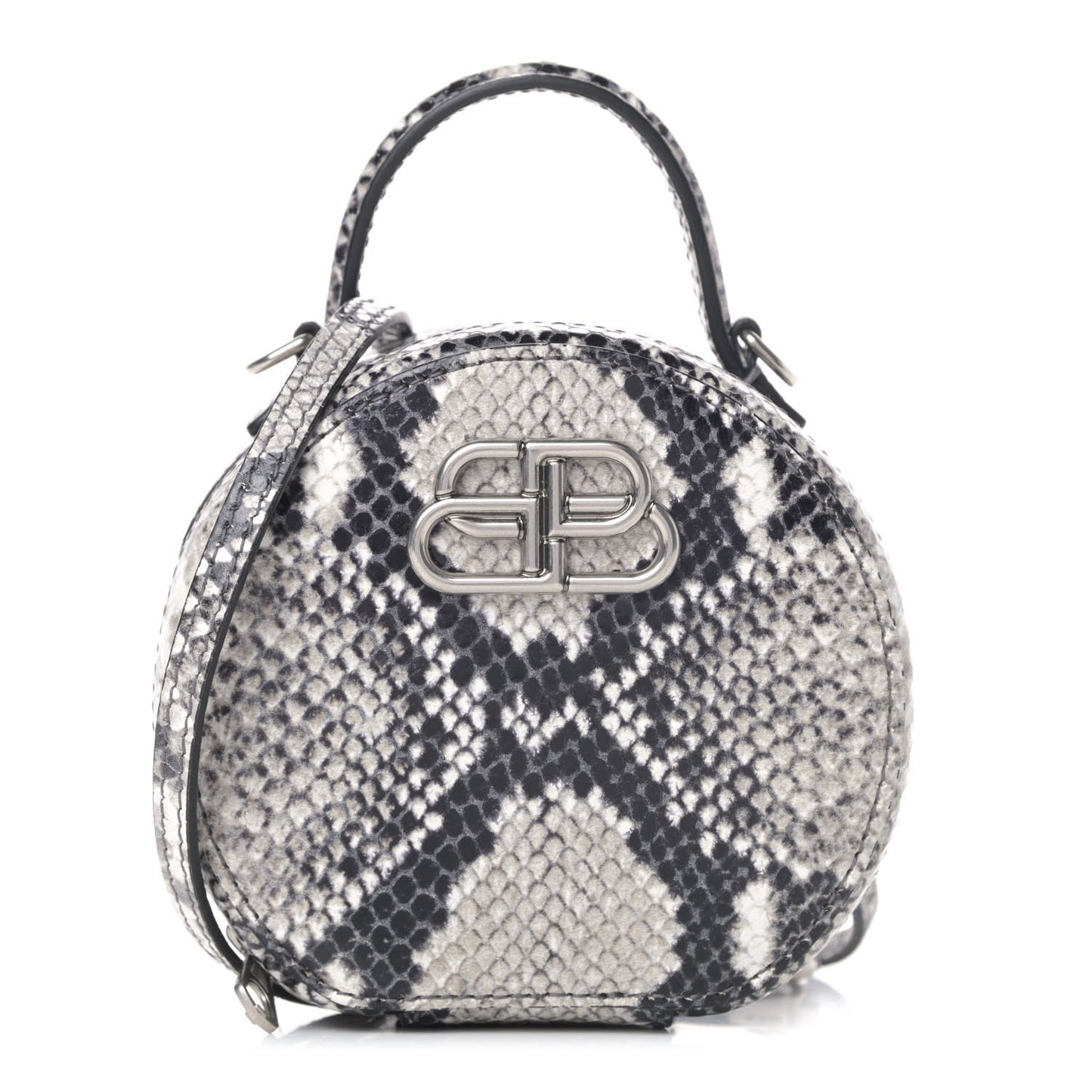 Grained Calfskin Python Effect Sharp Vanity Round Bag Mini Black White