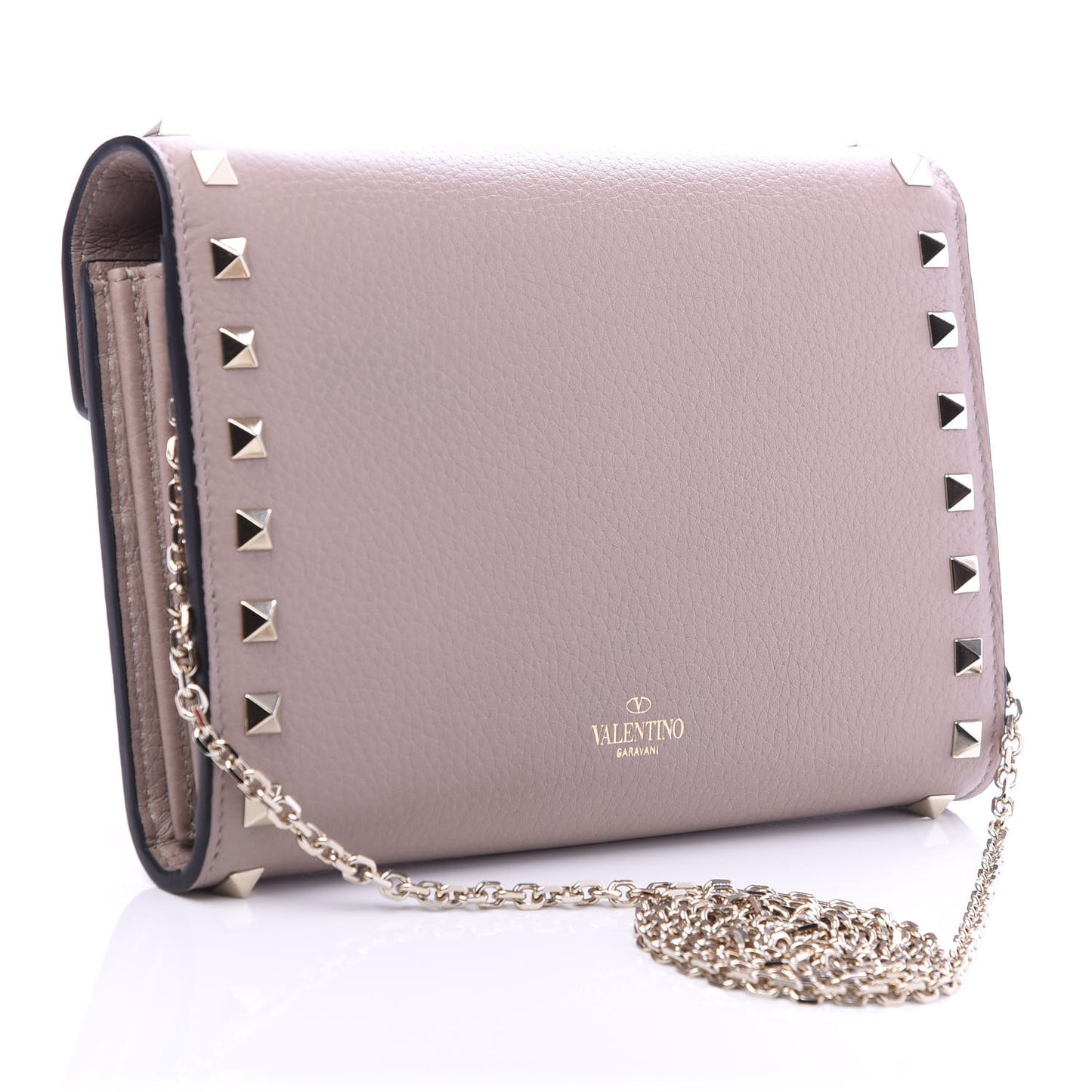 Pebbled Calfskin Rockstud Envelope Wallet on Chain Poudre