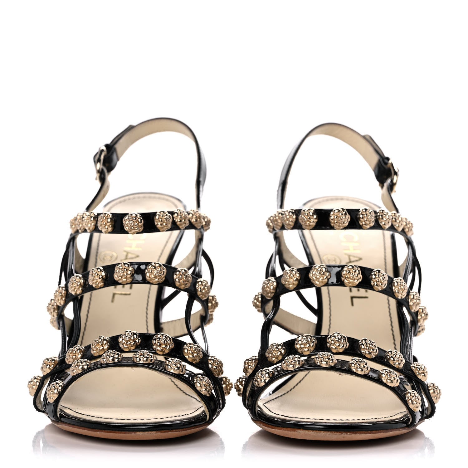 Chanel Patent Camellia Studded Strappy Sandals 37 Black 2 of 9