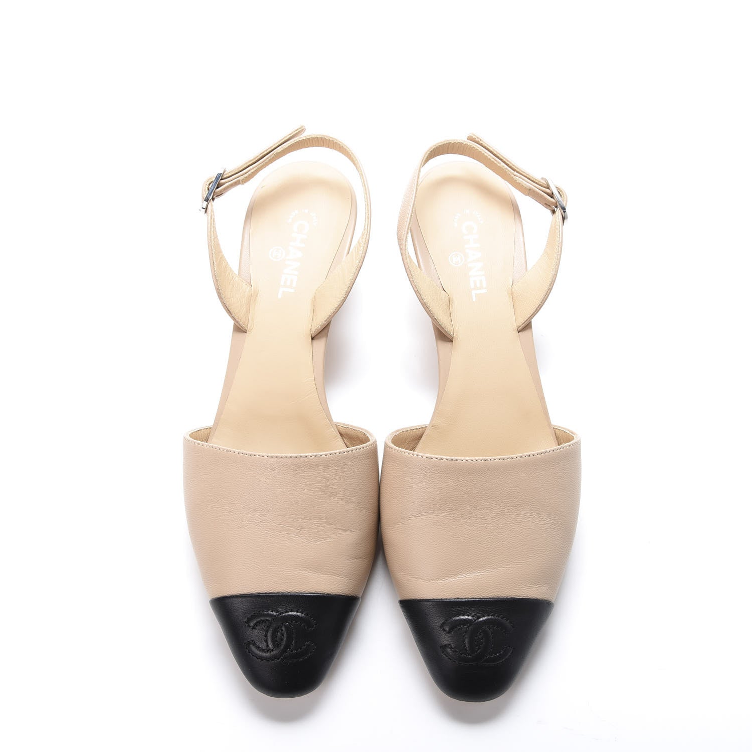 Chanel Lambskin Cap Toe CC Mary Jane Slingback Pumps 37 Beige Black 6 of 10